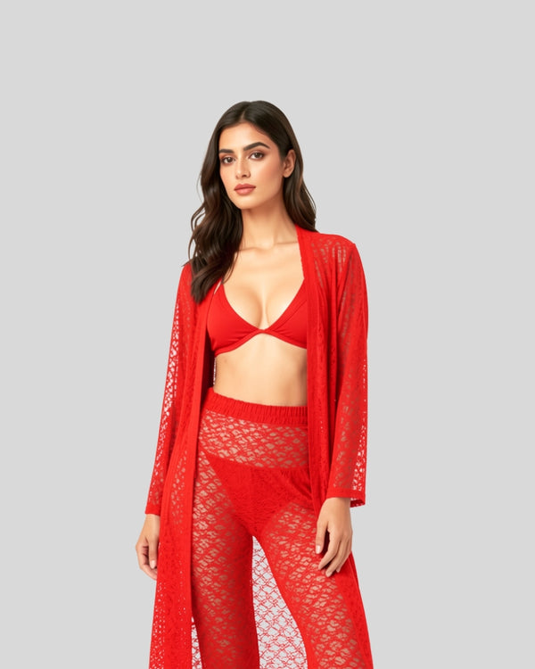 Ruby Red Net Lace Lounge Set