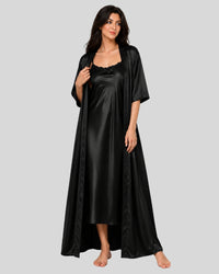 Black Satin Night Gown with Robe Set