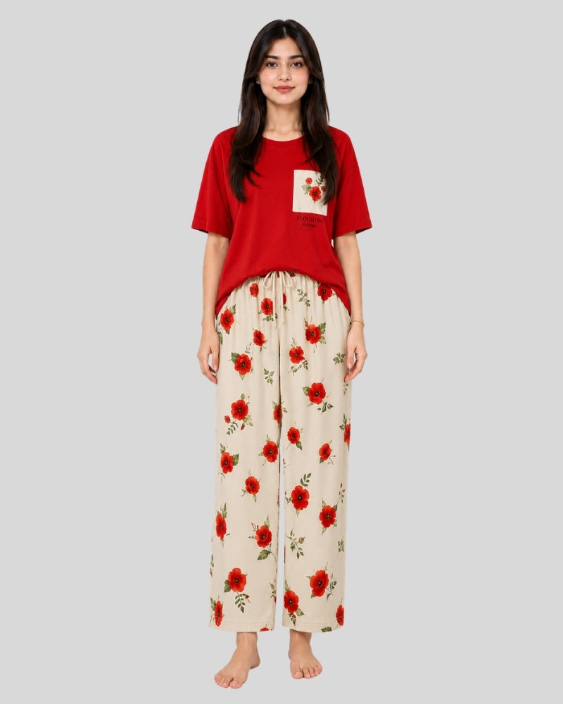 Red Pocket Flower Printed Lounge PJ Set