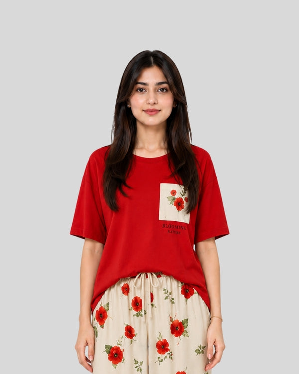 Red Pocket Flower Printed Lounge PJ Set