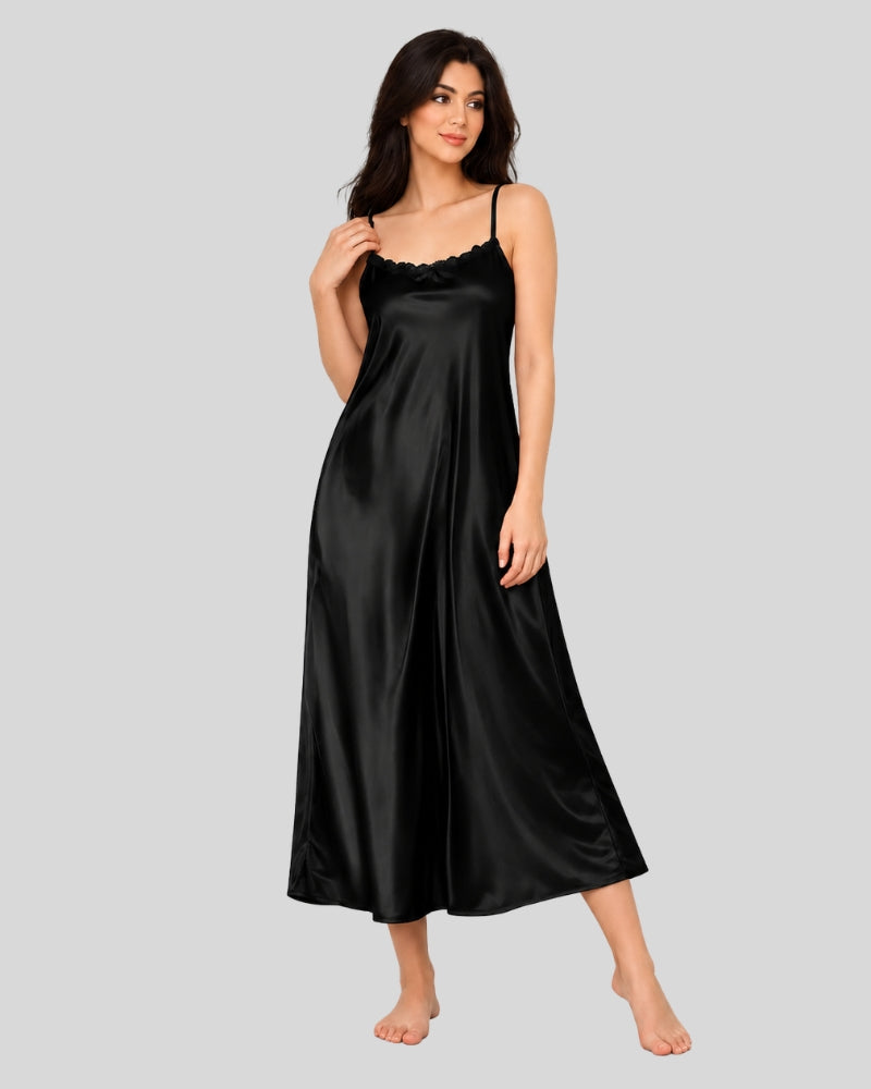 Black Satin Night Gown with Robe Set