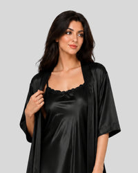 Black Satin Night Gown with Robe Set