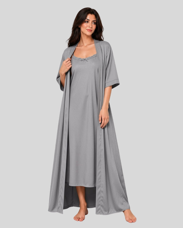 Silver Mist Satin Night Gown with Robe Set