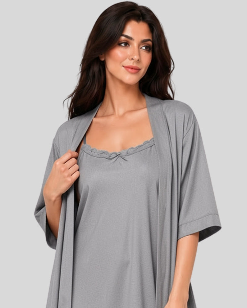 Silver Mist Satin Night Gown with Robe Set