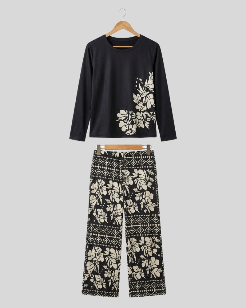 Black Leaves Printed Lounge PJ Set