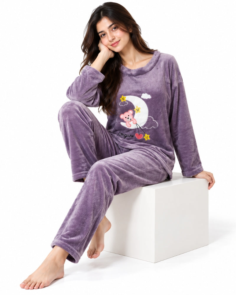 Moonlight Teddy Plush Winter Pajama Set – Dusty Purple