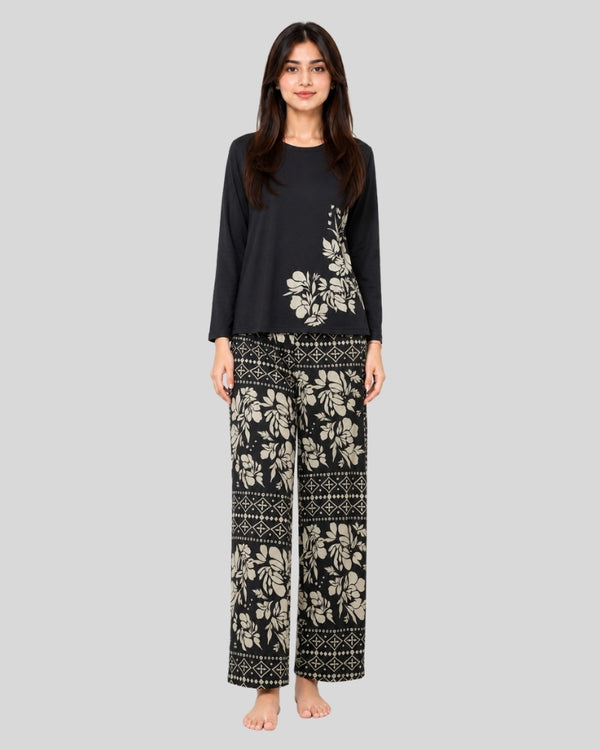 Black Leaves Printed Lounge PJ Set