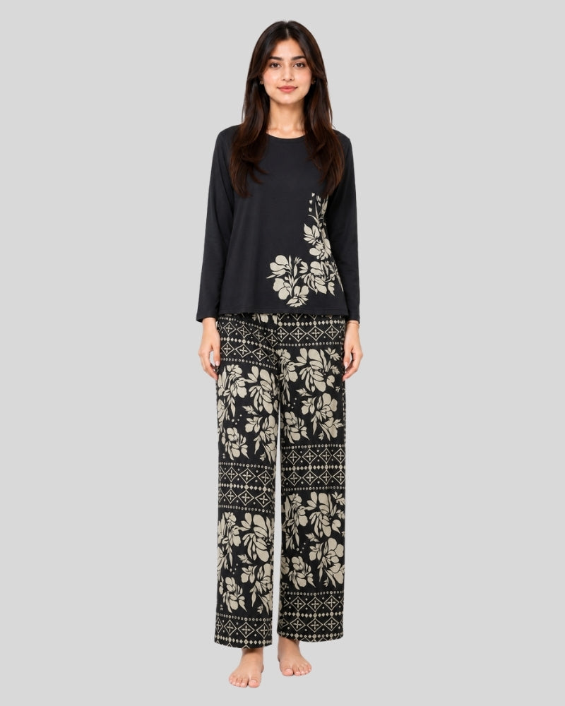 Black Leaves Printed Lounge PJ Set