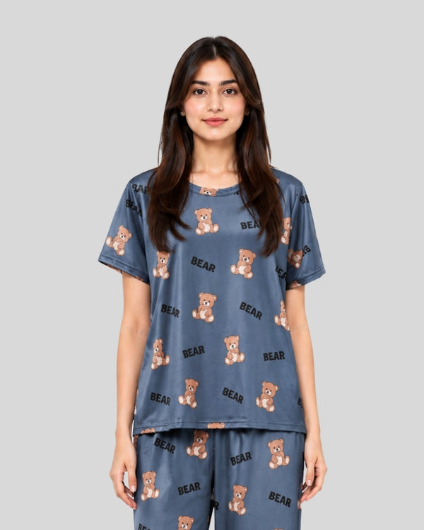 Grey Cozy Bear Printed Lounge PJ Set