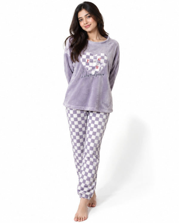 Cozy Checkered Heart Plush Winter Pajama Set – Lavender