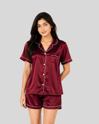 Wine Red Satin Piping Night Suit